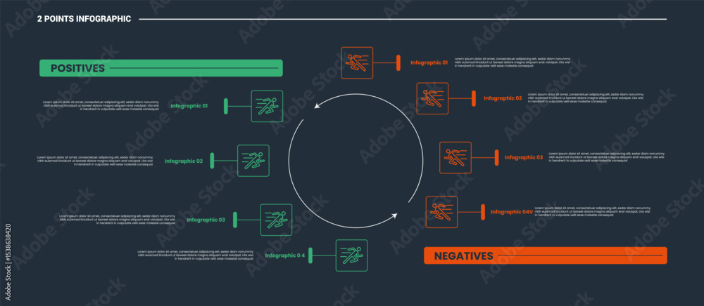 Aufkleber comparison choice infographic process diagram with big circle center opposite point list side by sid