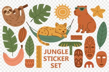 Flat vector jungle sticker set with cute tropical animals, leaves, masks, tribal elements. Perfect for kids, jungle party decor, printables, educational projects, t-shirts. Transparent background