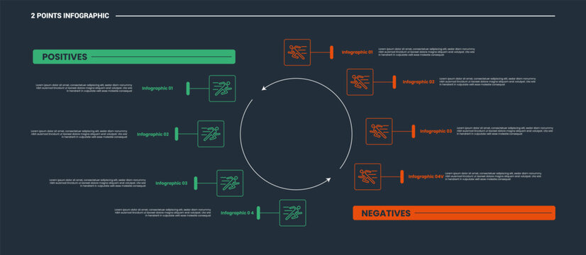 comparison choice infographic process diagram with big circle center opposite point list side by side with outline style vector