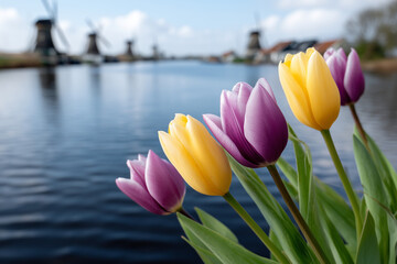 Dutch landscape with tulips in focus in the foreground and a blurred background of a watercourse and windmills.
