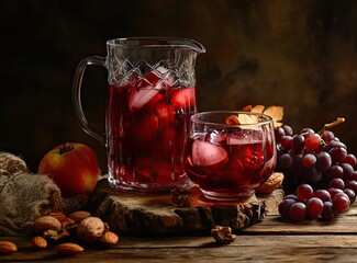 Red fruit-infused water in a glass pitcher and glass with ice cubes, grapes, apples, and nuts on a wooden table.