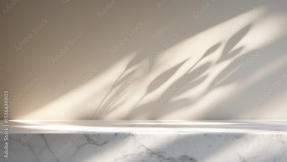 Poster white marble backdrop with tree branch shadow on concrete wall texture for product display and mocku