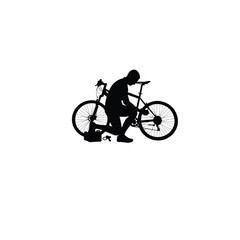 man repairing bicycle silhouette on white background