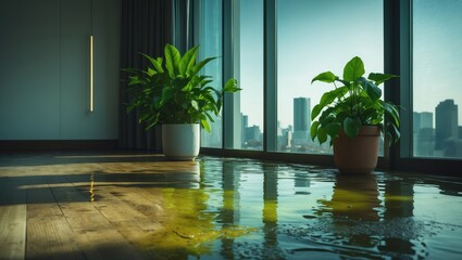 Flooded living room with water leaking onto hardwood parquet surface