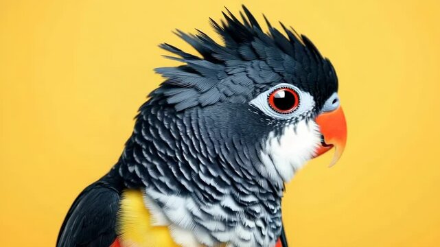 Colorful parrot displays vibrant plumage against bright yellow backdrop in a close-up shot featuring captivating details
