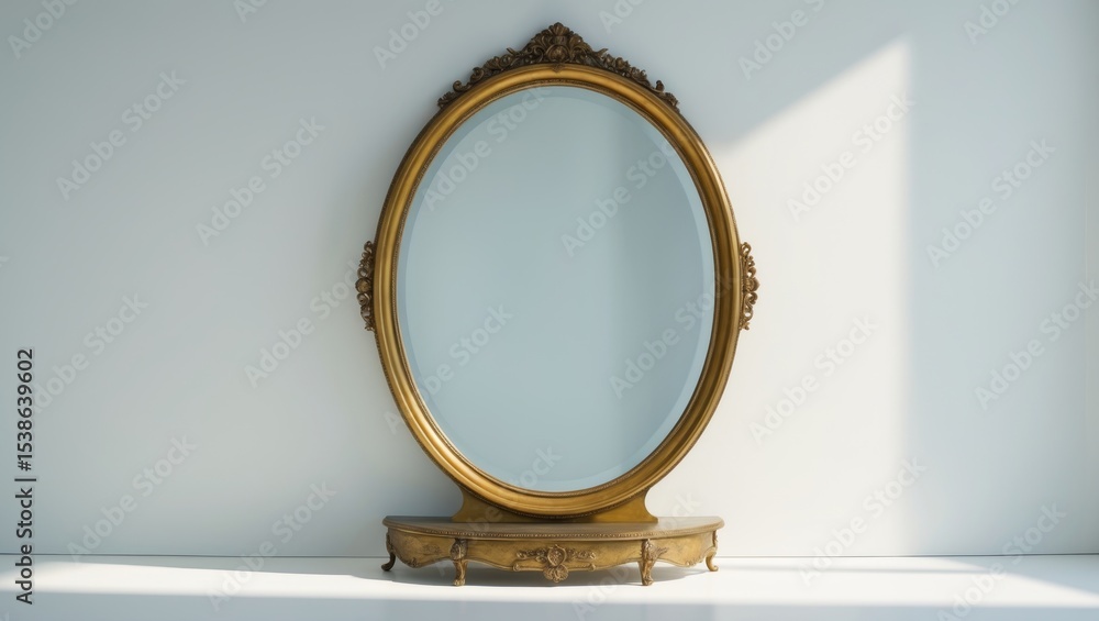 Poster retro-style oval mirror with bronze frame on white background