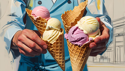 Artisanal ice cream maker preparing organic gelato, scooping into cones, focus on craftsmanship and quality, Bright