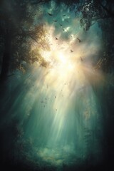 Fototapeta premium Enchanted Forest with Sunbeams and Flying Birds