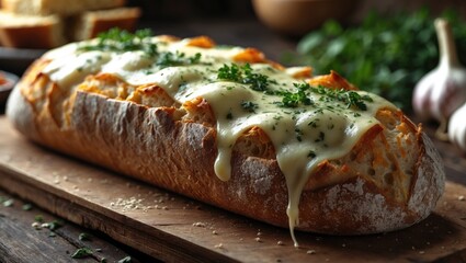 Delicious loaf of party bread filled with melted cheese and herbs on brown butcher paper atop a wooden table