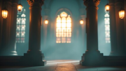 Obraz premium Defocused shot of mosque interior captured at night with bokeh light enhancing a warm ambiance