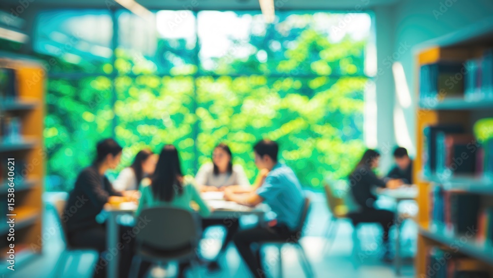 Aufkleber blurred background of cozy study space with students participating in collaborative learning activit