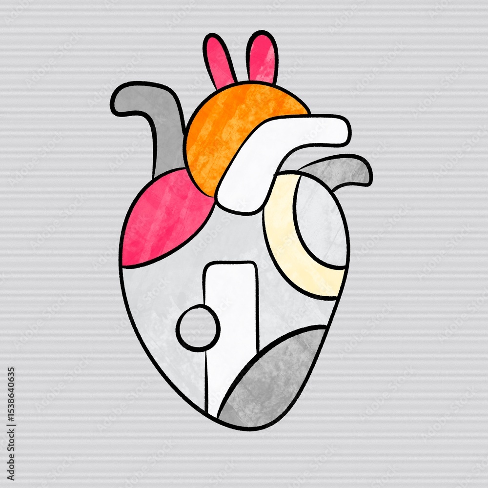 Poster artistic representation of a colorful heart motif with playful elements