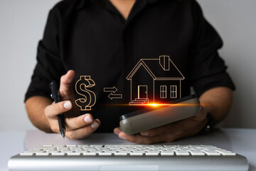 Real estate investment and property purchase with digital dollar and house symbol concept