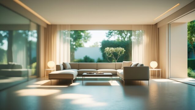 Blurry Background of Sophisticated Contemporary Living Room with Natural Light and Minimalist Decor Showcasing a Cozy Sofa.