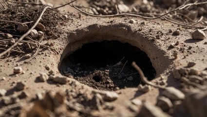 Deep pit in the ground. Large hole in the ground. Large cave in muddy hill. Excavating a hole.