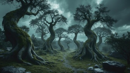 Deep jungle horror mysterious in darkness tropical rainforest.