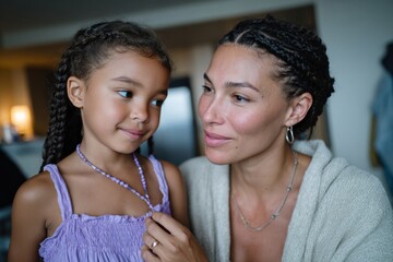 A loving bond between a mother and her young daughter highlights their connection, showcasing affection and the beauty of family relationships in a cozy, intimate setting.