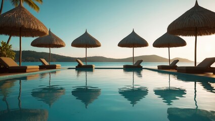 Deck chairs beneath sun umbrellas positioned between an infinity pool and the sea. Copy space available on the top.
