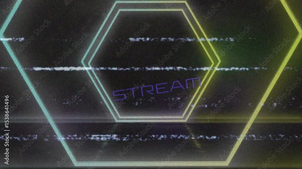 Poster pulsing triple neon hexagon reacting to static noise glitch in space with flickering stream text
