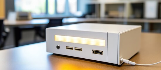 Modern minimalist computer server unit with integrated usb ports and light strip
