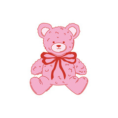 Coquette teddy bear with vintage red bow. Valentine's day or birthday party decoration. Aesthetic girly accessory. Vector illustration for card, poster, invitation, printing on t-shirt etc.