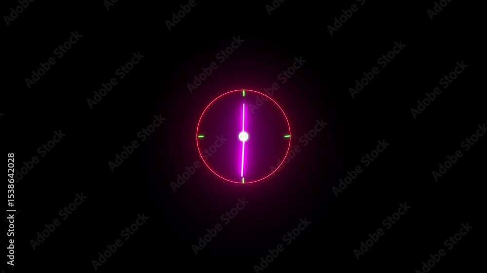 Poster neon light analog clock animated on black background. 24 hours day fast speed on black background. a