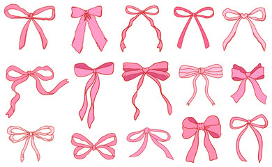 Set of coquette pink bow knots, gift ribbons. Trendy hair braiding accessories. Bow knots for gift wrapping, party decoration, present. Vector illustration.