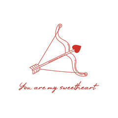 Coquette cupid's bow with arrow and hearts. You are my sweetheart inscription. Whimsical love vector illustration for celebration Valentine Day, wedding, invitation, printing on t-shirt etc.