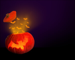 pumpkin with a cut off top, with rays and bat inside and face. Halloween. Purple background. Copy...