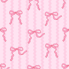 Seamless pattern with coquette pink bow knot on wavy striped pink background. Hair braiding accessory. Editable vector illustration for wrapping paper, packaging, fabric, room decor, phone case etc.