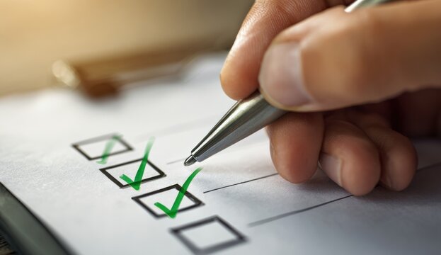 A hand holding a pen marks a checklist with green checkmarks