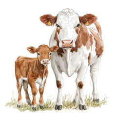 watercolor of A Mother Cow With Her Kid, vector, isolated on a white background. © AMIDCO