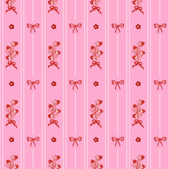 Coquette strawberry striped pattern. Stylish vintage vertical striped pattern with strawberry, bow and flower. Design for fashion, fabric, textile, wallpaper, packaging and gift wrap.