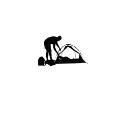 man setting up tent silhouette on white background