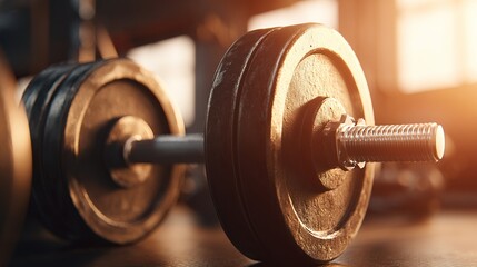 Close-up of a heavy dumbbell in a gym, sunlit, with a focus on the weight plates and bar