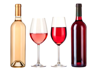 red wine bottle and glass isolated on white background