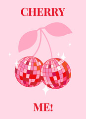 Retro Cowboy print with cherry disco balls. Vintage, preppy wall art with disco mirror ball. Slogan cherry me. Vector illustration for t shirt print, poster, phone case etc.