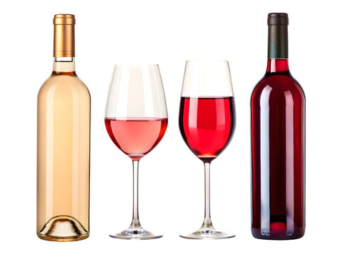 Wine Bottles and Glasses Collection Isolated on White Background