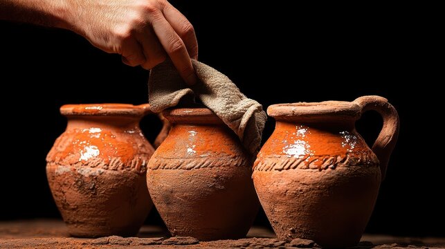 Hand cleaning traditional rustic clay pots made of terracotta on wooden surface, showcasing pottery craftsmanship and earthenware art.