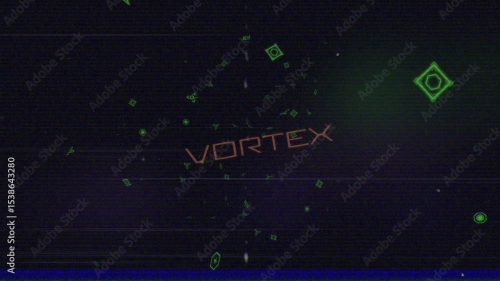 Poster drifting green shapes racing inward in glitch void forming vortex text breaking into white stream