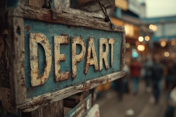 Rustic wooden departure sign with peeling paint and blurred crowd behind