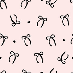 Seamless pattern with black bow knots. Elegance print design. Trendy hair braiding accessory on pink background. Vector illustration for wrapping paper, packaging, fabric, wallpaper, phone case etc.