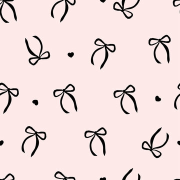 Seamless pattern with black bow knots. Elegance print design. Trendy hair braiding accessory on pink background. Vector illustration for wrapping paper, packaging, fabric, wallpaper, phone case etc.