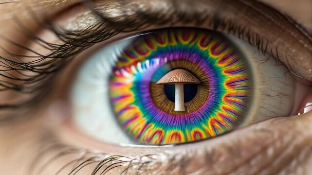 Psilocybin concept ,Close up human eye with colorful psychedelic pattern and mushroom reflection creating surreal vivid visual
