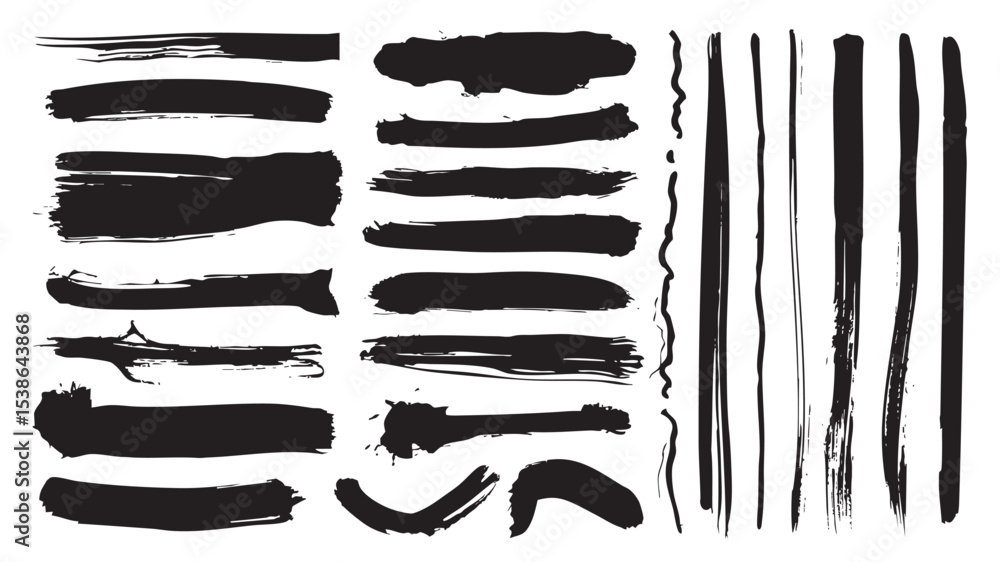 Poster black paint brush strokes set. collection of paintbrush smears of dirty rectangle shape stains, scri