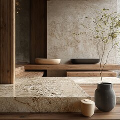 Modern interior decor with wood and stone elements. Zen home decor.