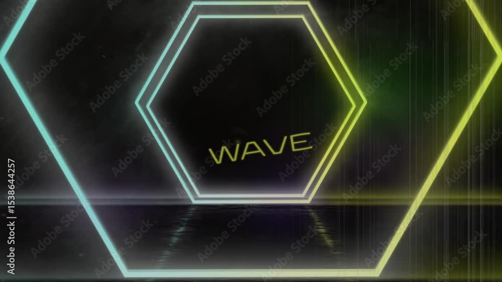 Poster popping neon hexagon on reflective grid floor with line, scaling and glitching yellow wave text
