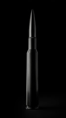 Black bullet cartridge isolated on black background with sharp metallic tip, showing detailed texture and military ammunition design in dramatic lighting.