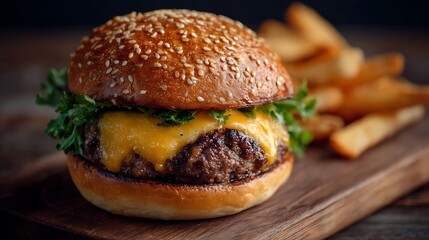 Classic cheeseburger with fries on wooden surface