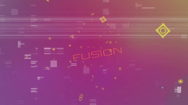 Shapes and pixels rushing outward from center in digital space forming FUSION text revealing logo